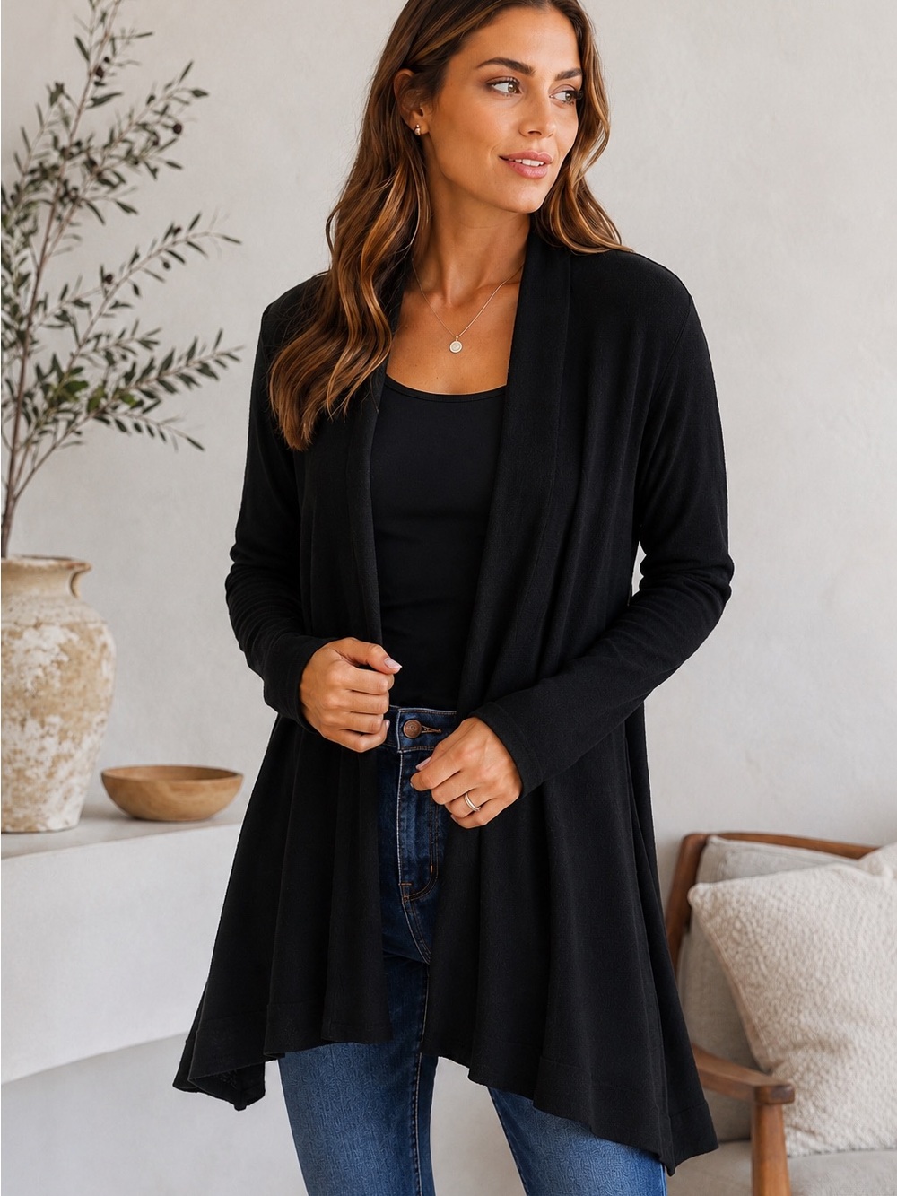 Eileen Fisher Black Open-Front Draped Cardigan